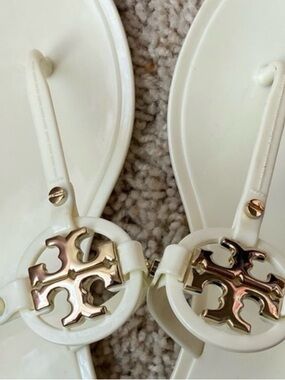 Tory Burch Cream Patent Miller Thong Sandals with Gold Logo